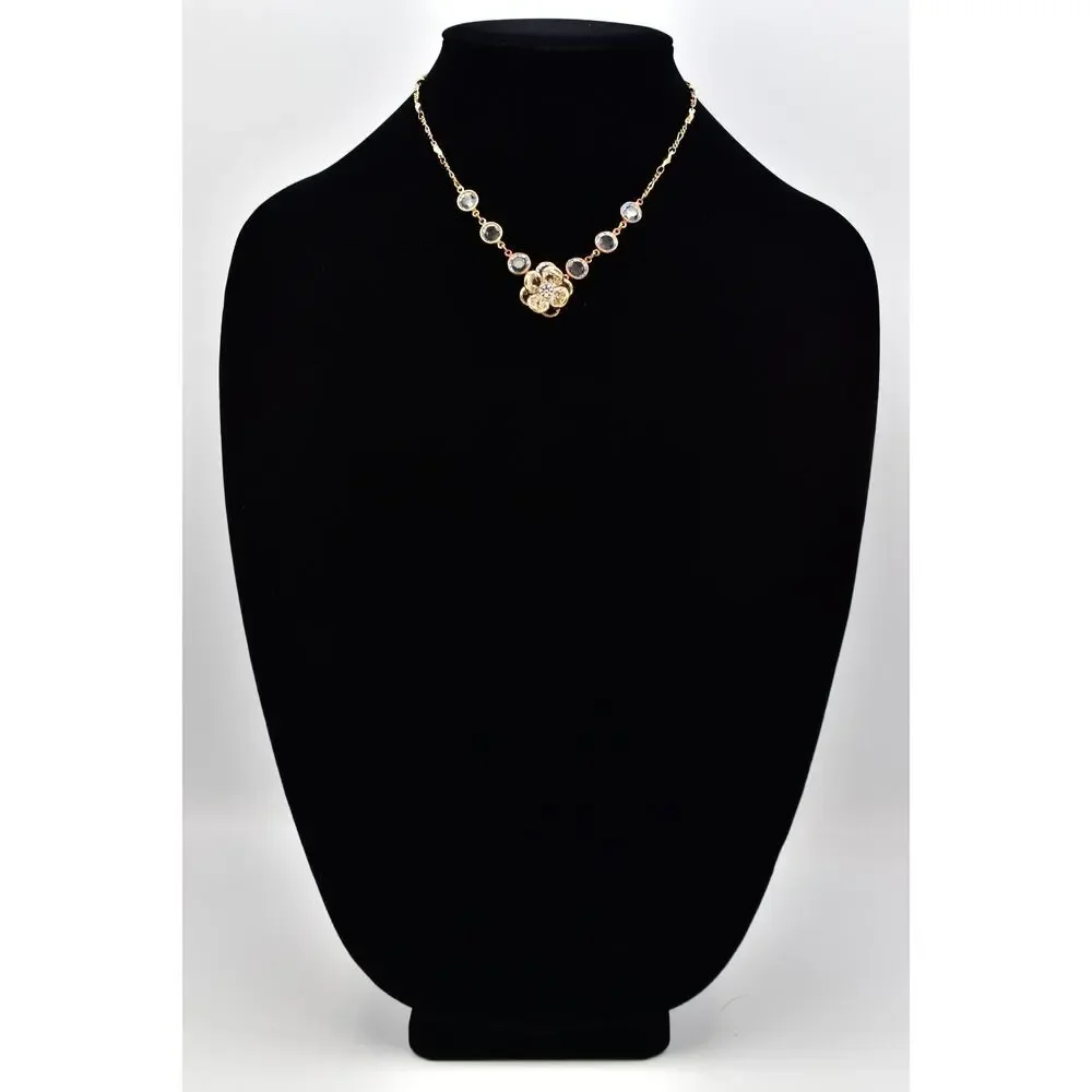 Vintage Clear Open Bezel Crystal Flower Necklace Collar Gold Rhinestone 1980s 9J